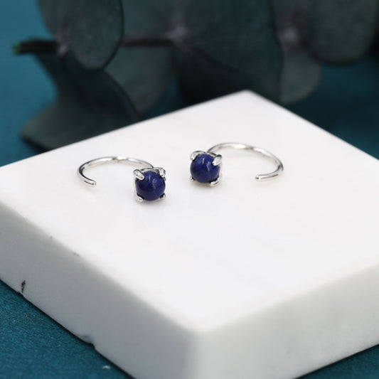 Genuine Lapis Lazuli Huggie Hoop Earrings in Sterling Silver, 4mm Natural Blue Lapis Open Hoops, Pull Through Threaders, Half Hoops, C Shape