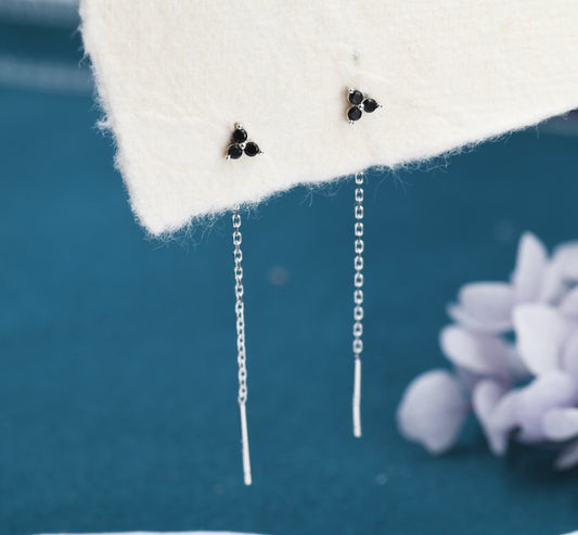 Black CZ Trio Flower Threader Earrings in Sterling Silver, Silver or Gold, Three Dot Crystal Ear Threaders, Flower CZ Earrings