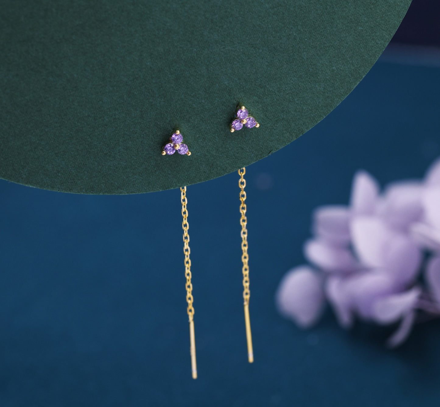 Purple CZ Trio Flower Threader Earrings in Sterling Silver, Silver or Gold, Three Dot Crystal Ear Threaders, Flower CZ Earrings