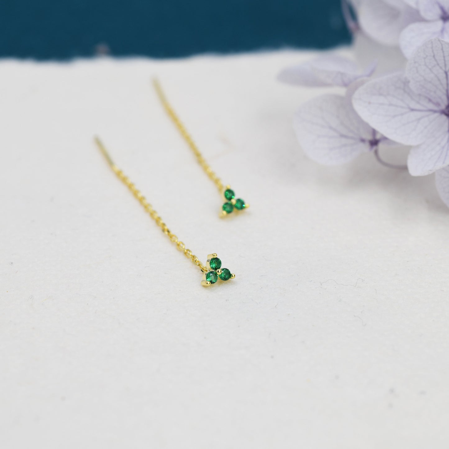 Emerald Green CZ Trio Flower Threader Earrings in Sterling Silver, Silver or Gold, Three Dot Crystal Ear Threaders, Flower CZ Earrings