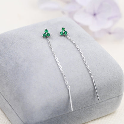 Emerald Green CZ Trio Flower Threader Earrings in Sterling Silver, Silver or Gold, Three Dot Crystal Ear Threaders, Flower CZ Earrings