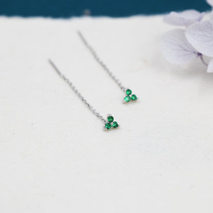 Emerald Green CZ Trio Flower Threader Earrings in Sterling Silver, Silver or Gold, Three Dot Crystal Ear Threaders, Flower CZ Earrings