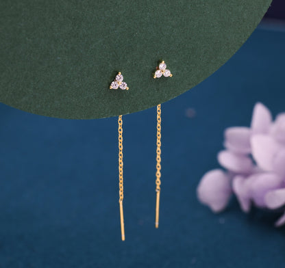 CZ Trio Flower Threader Earrings in Sterling Silver, Silver or Gold, Three Dot Crystal Ear Threaders, Flower CZ Earrings