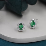 Emerald Green CZ Stud Earrings in Sterling Silver, Green Oval Crystal Stud Earrings, May Birthstone