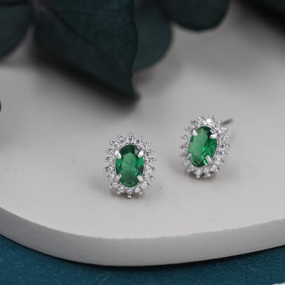 Emerald Green CZ Stud Earrings in Sterling Silver, Green Oval Crystal Stud Earrings, May Birthstone