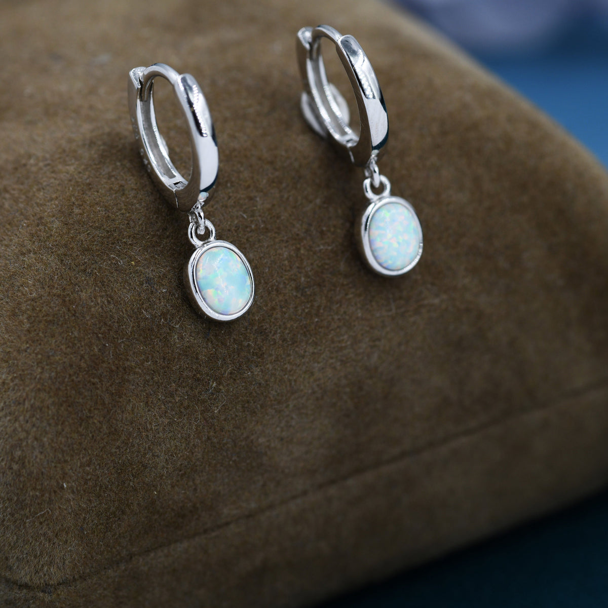 Sterling Silver Dangling Oval Opal Hoop Earrings, Fire Opal Charm Dangle Hoop Earrings, Silver or Gold
