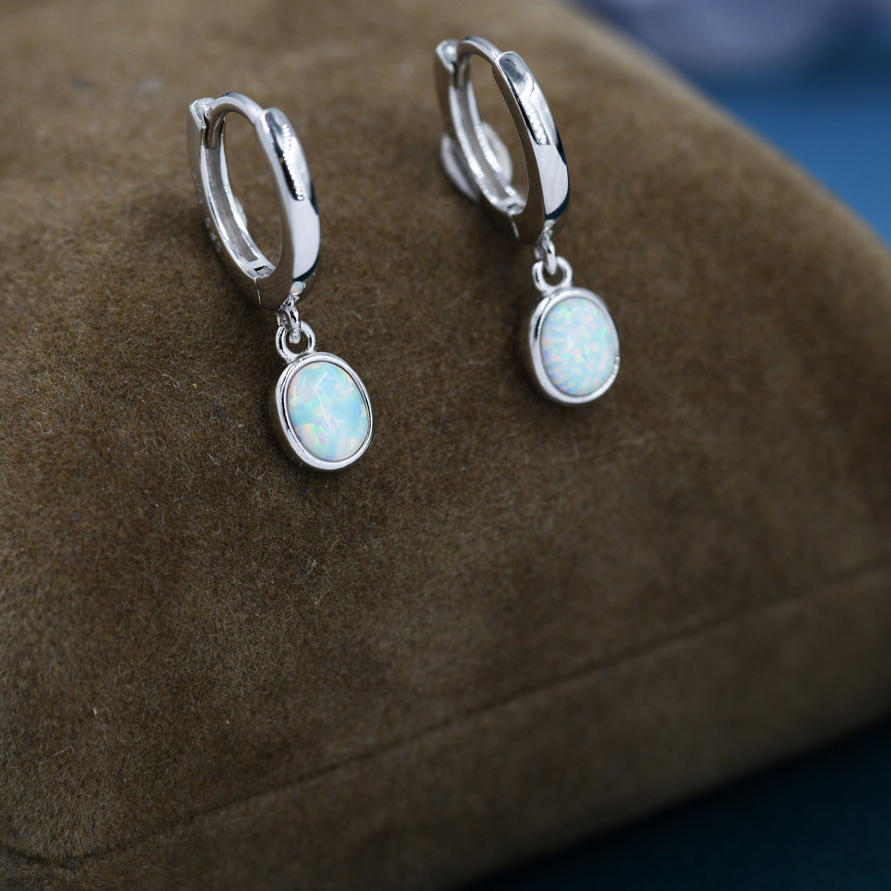 Sterling Silver Dangling Oval Opal Hoop Earrings, Fire Opal Charm Dangle Hoop Earrings, Silver or Gold