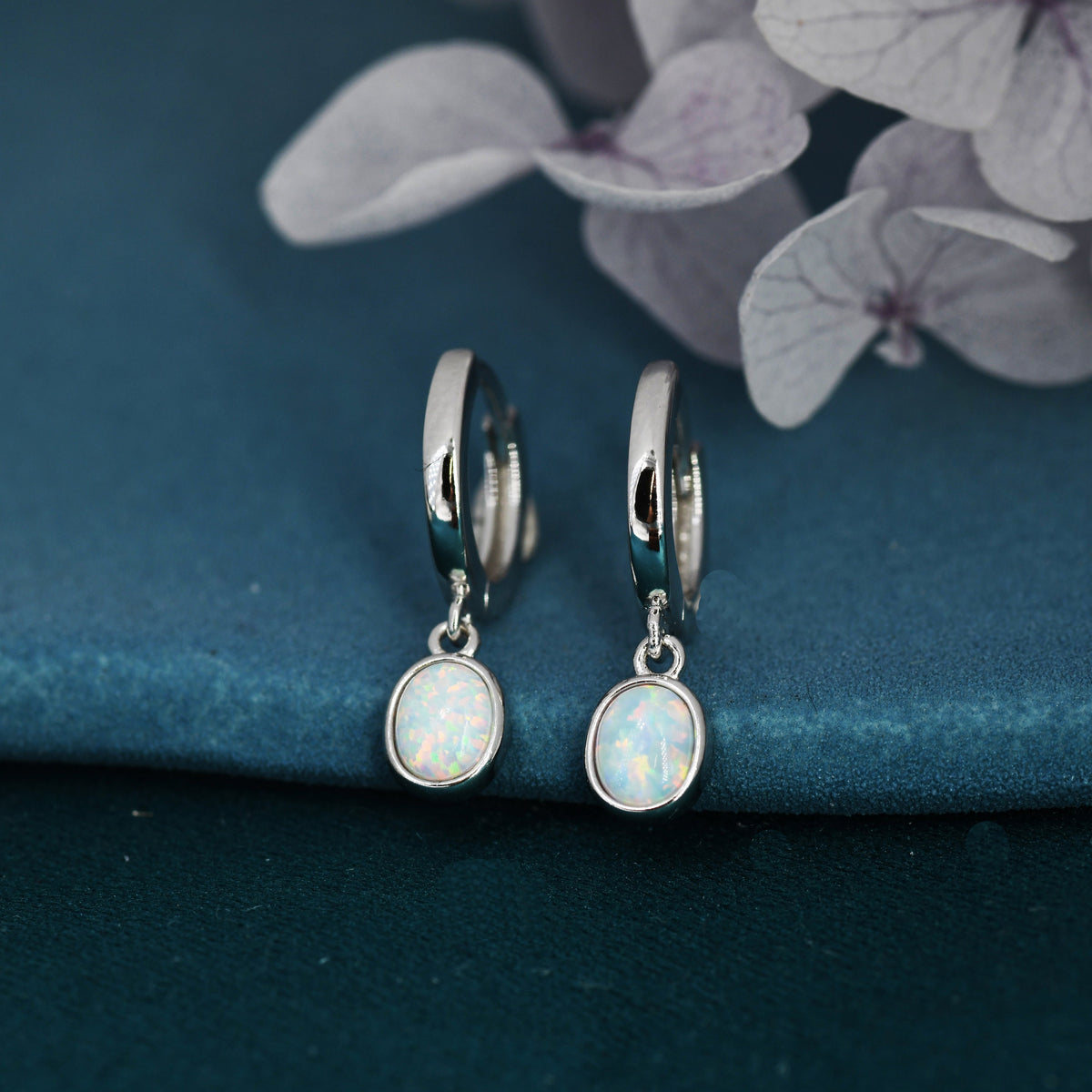 Sterling Silver Dangling Oval Opal Hoop Earrings, Fire Opal Charm Dangle Hoop Earrings, Silver or Gold