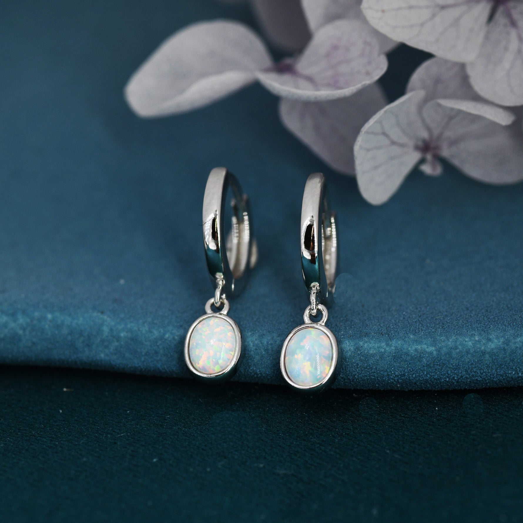 Sterling Silver Dangling Oval Opal Hoop Earrings, Fire Opal Charm Dangle Hoop Earrings, Silver or Gold