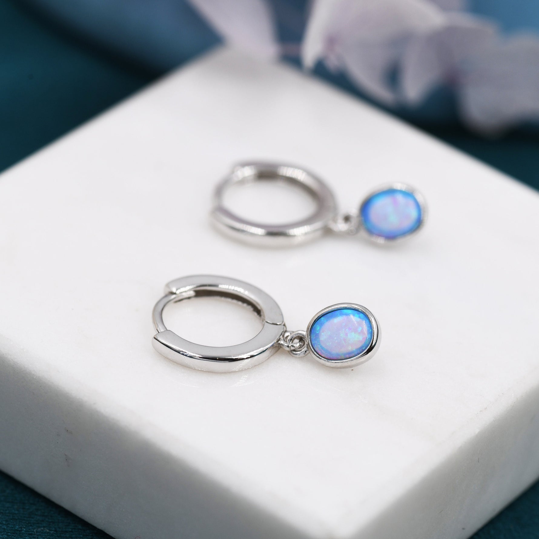 Sterling Silver Dangling Oval Blue Opal Hoop Earrings, Blue Opal Charm Dangle Hoop Earrings, Silver or Gold