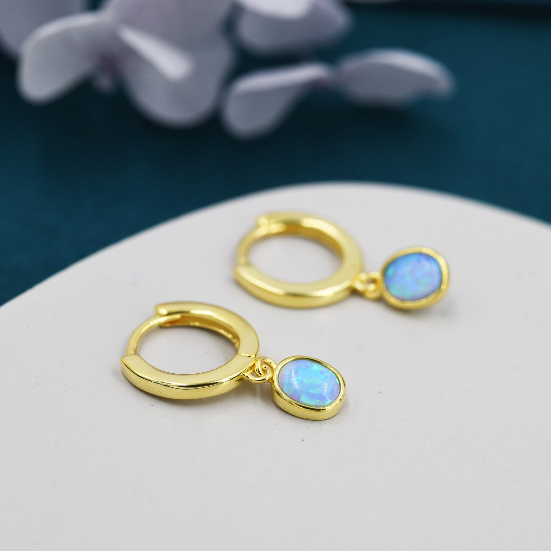 Sterling Silver Dangling Oval Blue Opal Hoop Earrings, Blue Opal Charm Dangle Hoop Earrings, Silver or Gold
