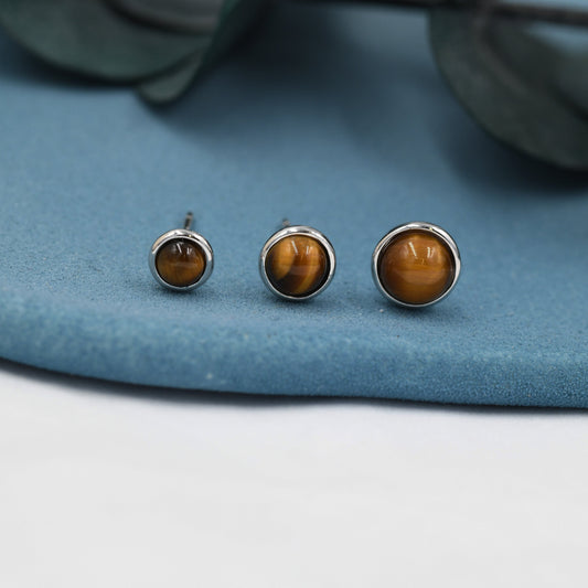Genuine Tiger's Eye Stud Earrings in Sterling Silver, 4mm, 5mm and 6mm, Cabochon Bezel Stud Earrings, Tiger Eye Stone