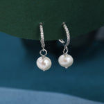 Natural Freshwater Pearl CZ Huggie Hoops Earrings in Sterling Silver