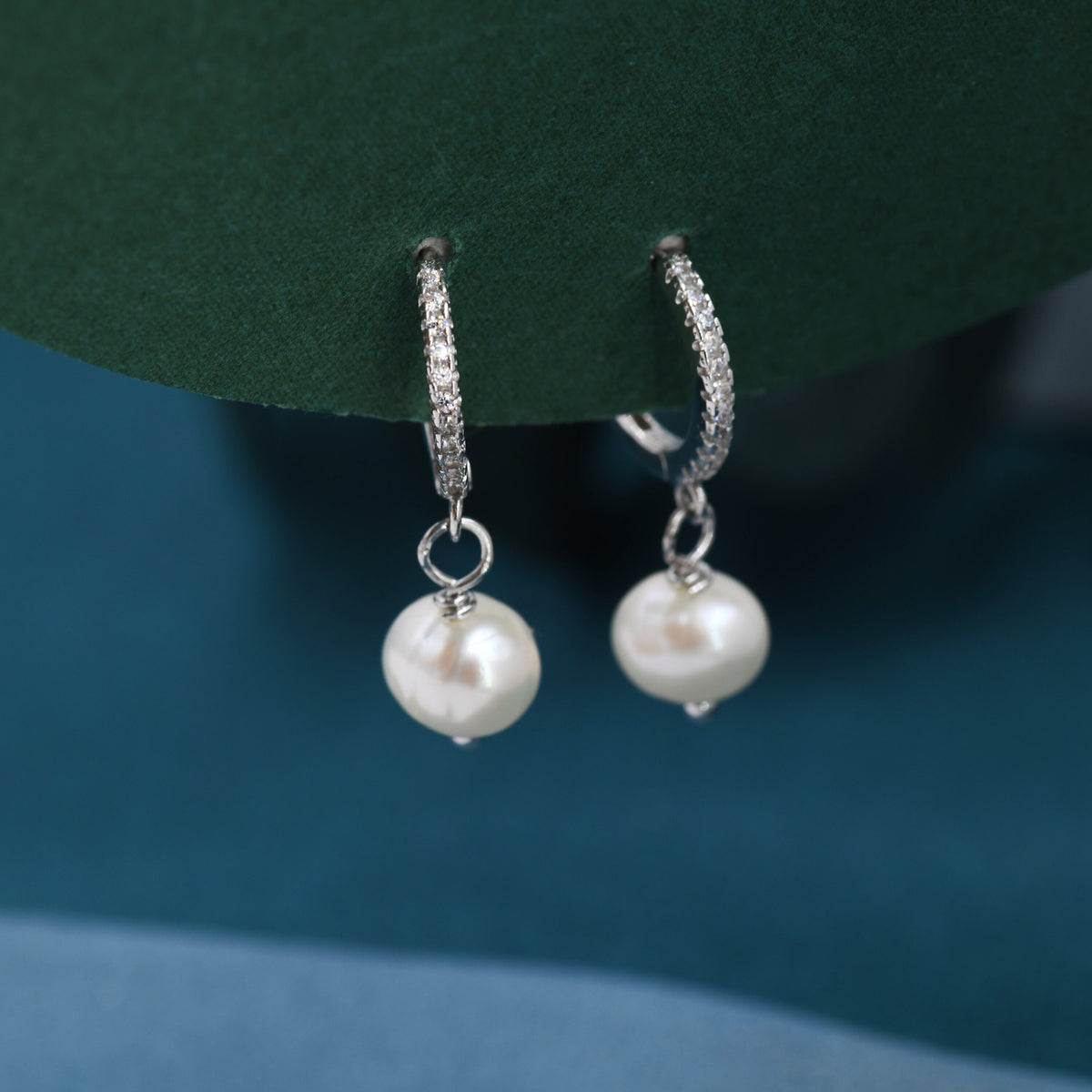 Natural Freshwater Pearl CZ Huggie Hoops Earrings in Sterling Silver