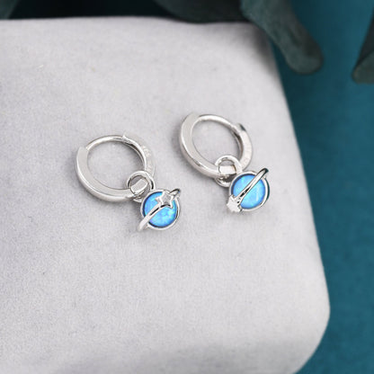 Blue Opal Planet and Star Huggie Hoop Earrings in Sterling Silver, Silver or Gold, Simulated Opal, Detachable Charms, Saturn Earrings