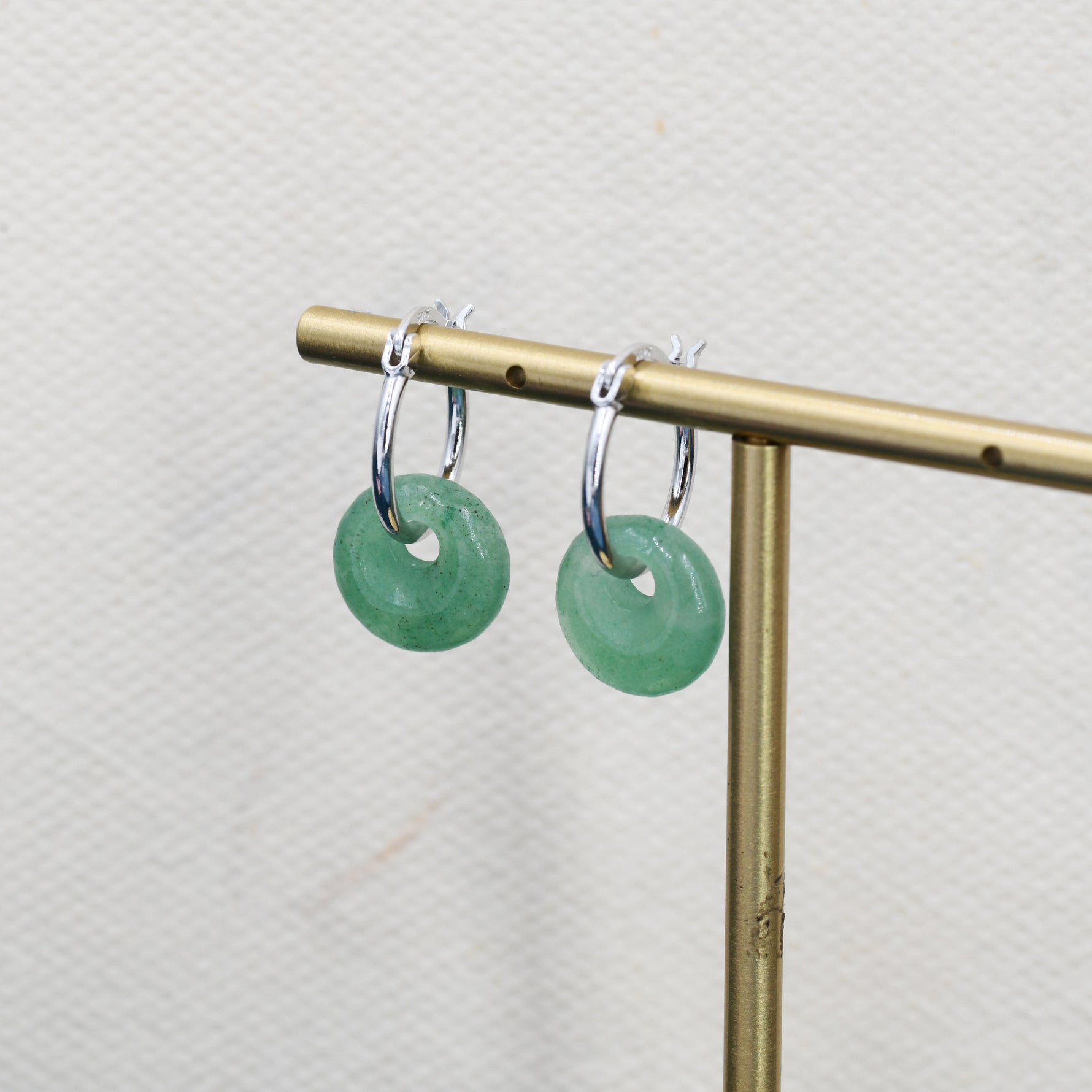 Sterling Silver Dangling Green Aventurine Jade Donut Hoop Earrings, Detachable Green Jade Coin Charm Dangle Hoop Earrings, Silver or Gold