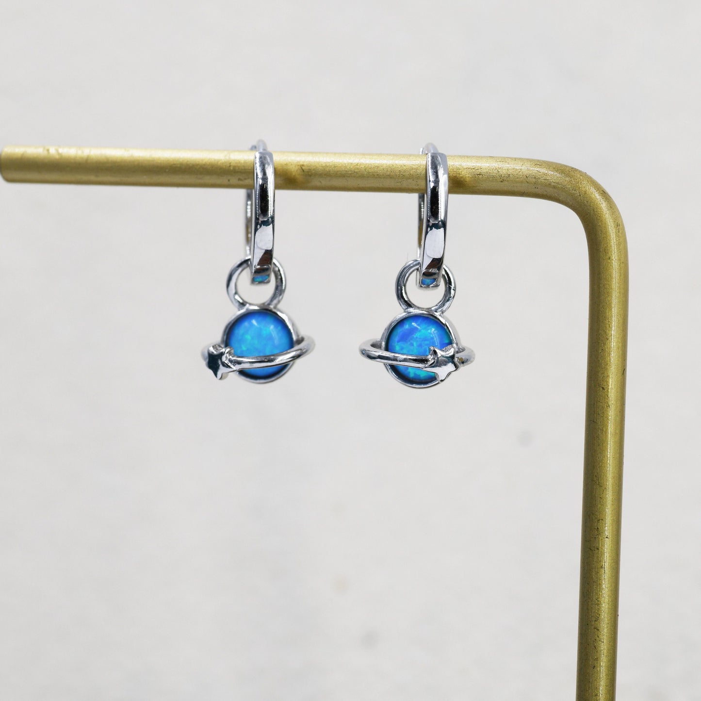 Blue Opal Planet and Star Huggie Hoop Earrings in Sterling Silver, Silver or Gold, Simulated Opal, Detachable Charms, Saturn Earrings