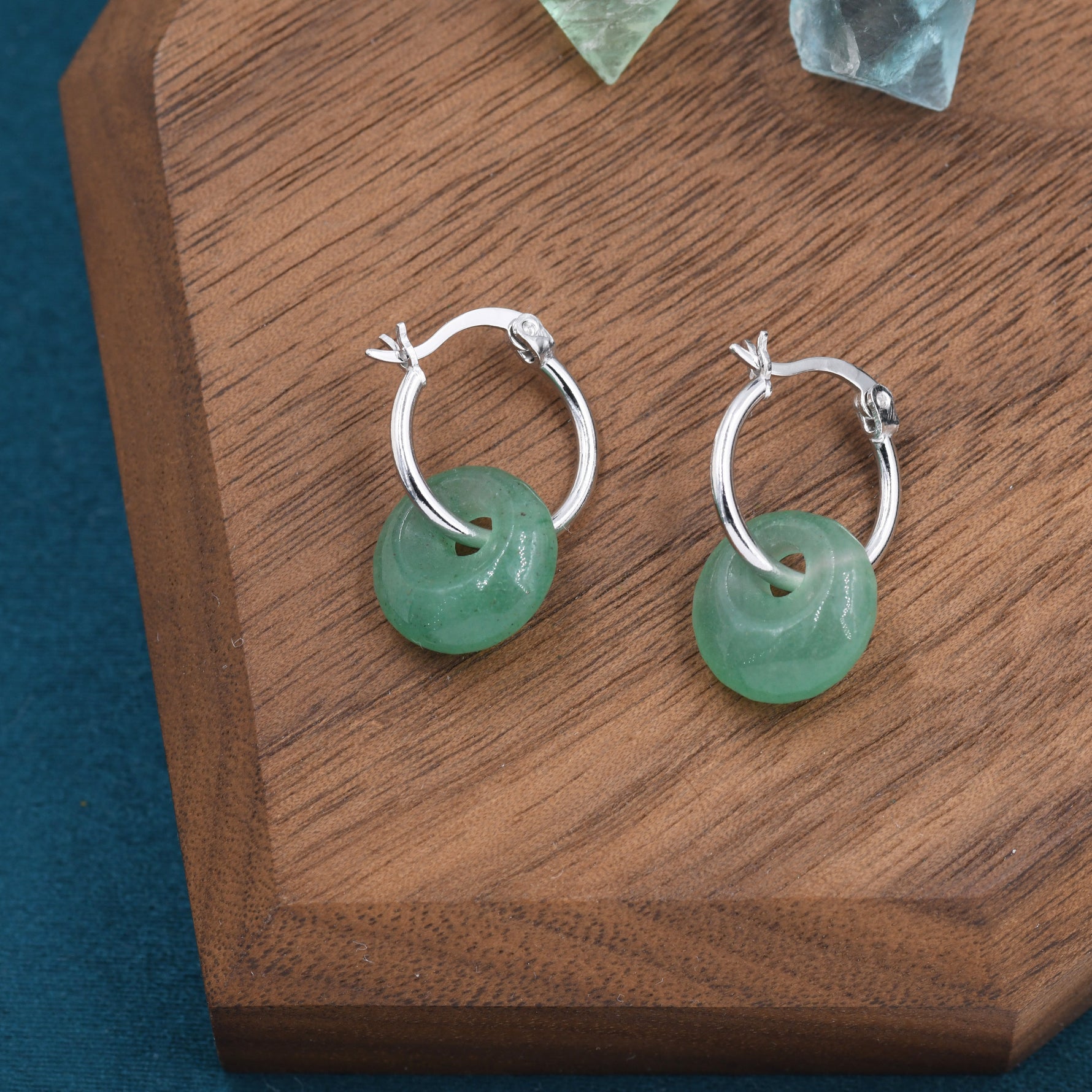 Sterling Silver Dangling Green Aventurine Jade Donut Hoop Earrings, Detachable Green Jade Coin Charm Dangle Hoop Earrings, Silver or Gold