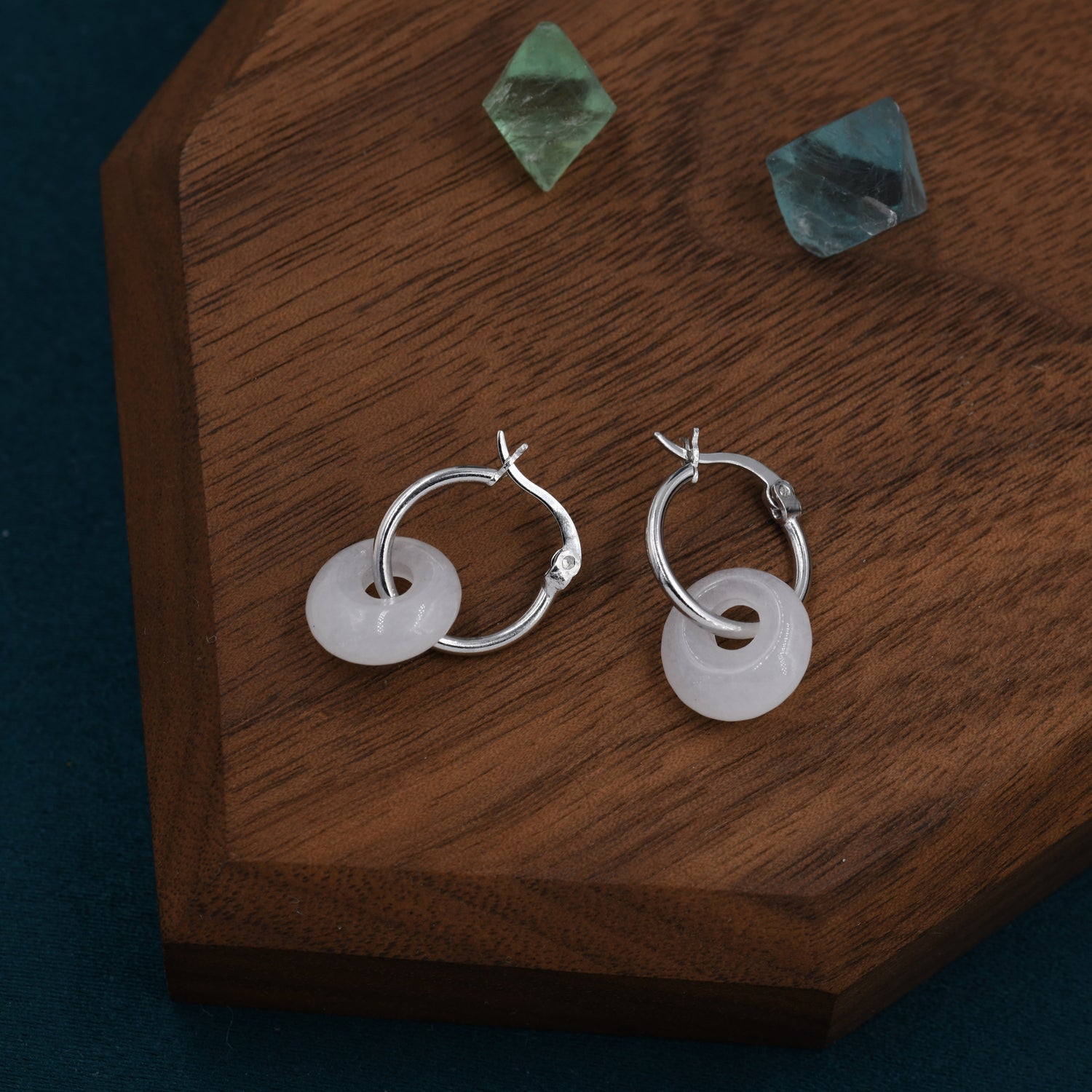 Sterling Silver Dangling White Jade Donut Hoop Earrings, Detachable Natural White Jade Coin Charm Dangle Hoop Earrings, Silver or Gold