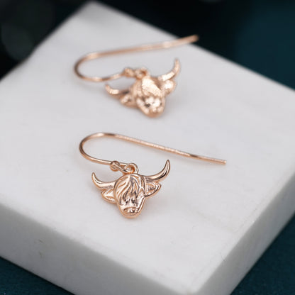 Highland Cow Drop Dangling Earrings in Sterling Silver, Silver or Gold or Rose Gold, Highland Cow Earrings, Cow Hook Earrings, Scottish