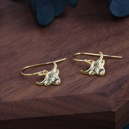 Highland Cow Drop Dangling Earrings in Sterling Silver, Silver or Gold or Rose Gold, Highland Cow Earrings, Cow Hook Earrings, Scottish