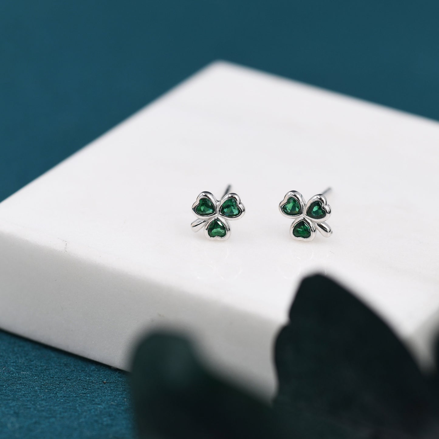 Green CZ Shamrock Tiny Stud Earrings in Sterling Silver, Clover Earrings, Irish Earrings, Silver or Gold Flower Earrings