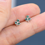Green CZ Shamrock Tiny Stud Earrings in Sterling Silver, Clover Earrings, Irish Earrings, Silver or Gold Flower Earrings