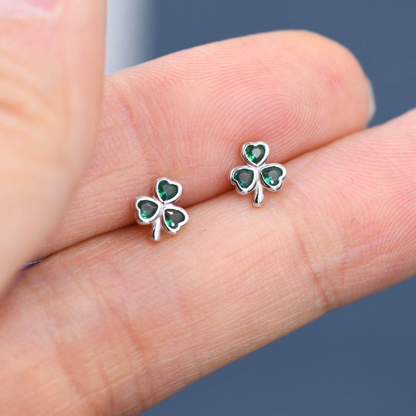 Green CZ Shamrock Tiny Stud Earrings in Sterling Silver, Clover Earrings, Irish Earrings, Silver or Gold Flower Earrings