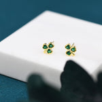 Green CZ Shamrock Tiny Stud Earrings in Sterling Silver, Clover Earrings, Irish Earrings, Silver or Gold Flower Earrings