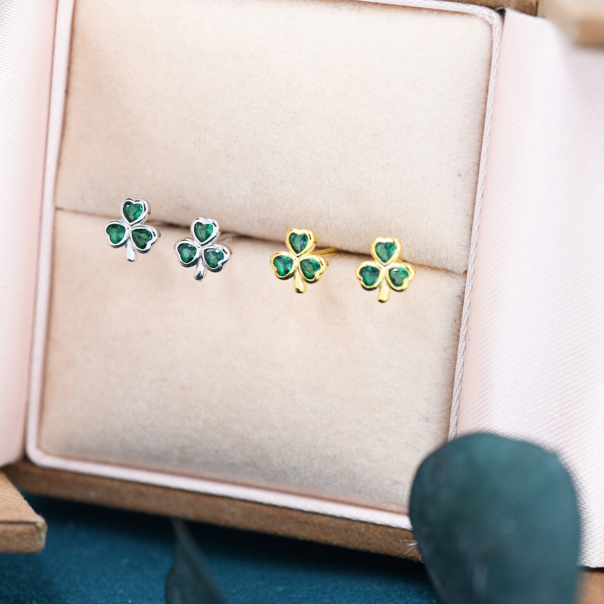 Green CZ Shamrock Tiny Stud Earrings in Sterling Silver, Clover Earrings, Irish Earrings, Silver or Gold Flower Earrings