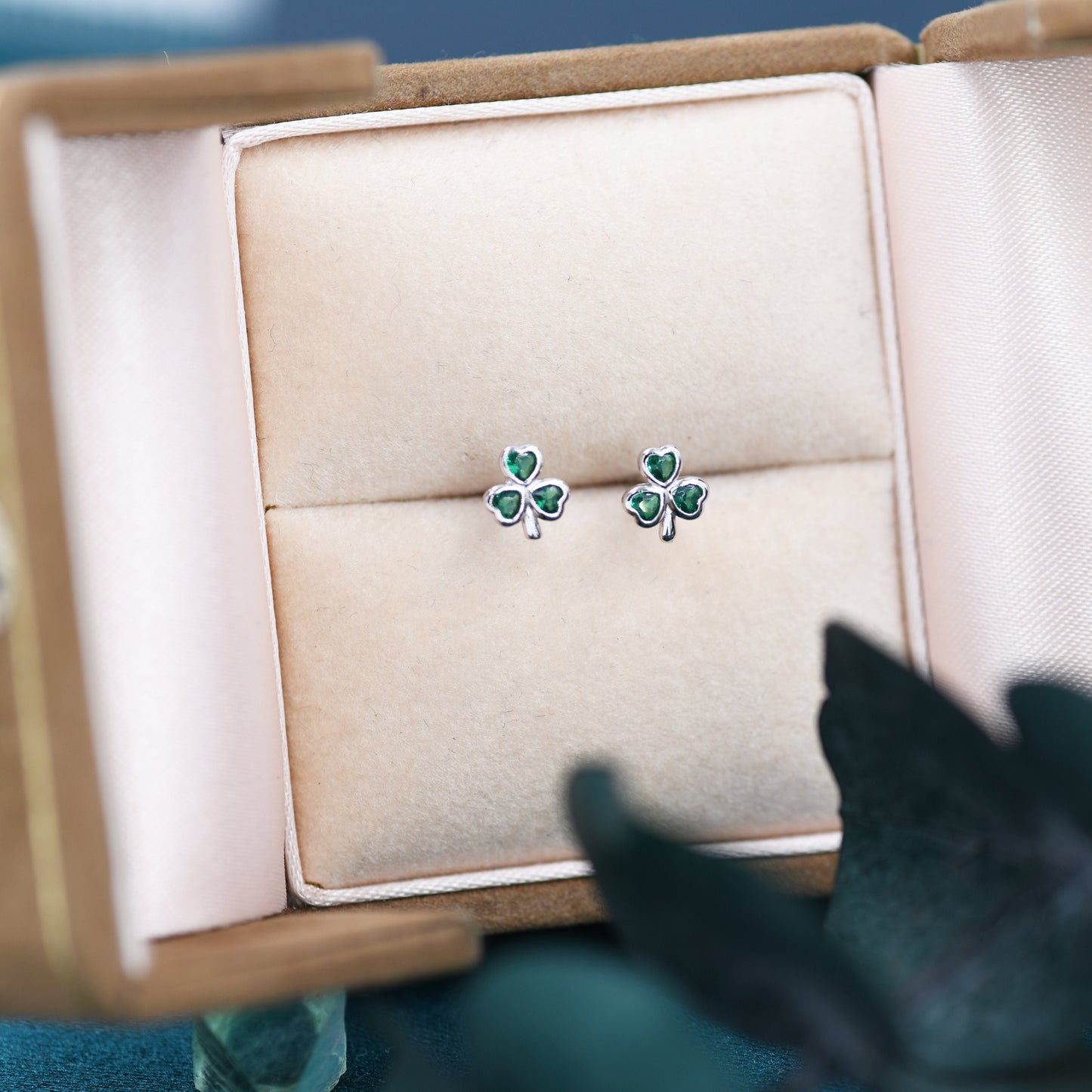 Green CZ Shamrock Tiny Stud Earrings in Sterling Silver, Clover Earrings, Irish Earrings, Silver or Gold Flower Earrings