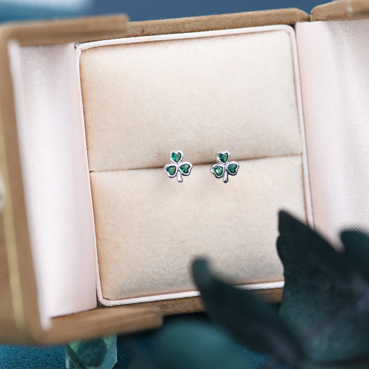 Green CZ Shamrock Tiny Stud Earrings in Sterling Silver,  Clover Earrings, Irish Earrings, Silver or Gold Flower Earrings