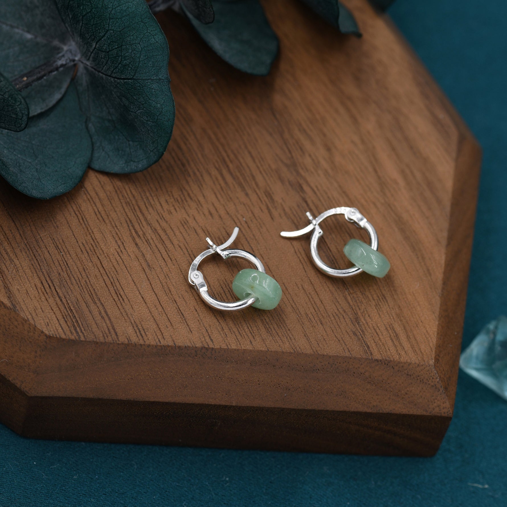Sterling Silver Aventurine Jade Donut Huggie Hoop Earrings, Detachable Green Jade Coin Charm Dangle Hoop Earrings, Silver or Gold