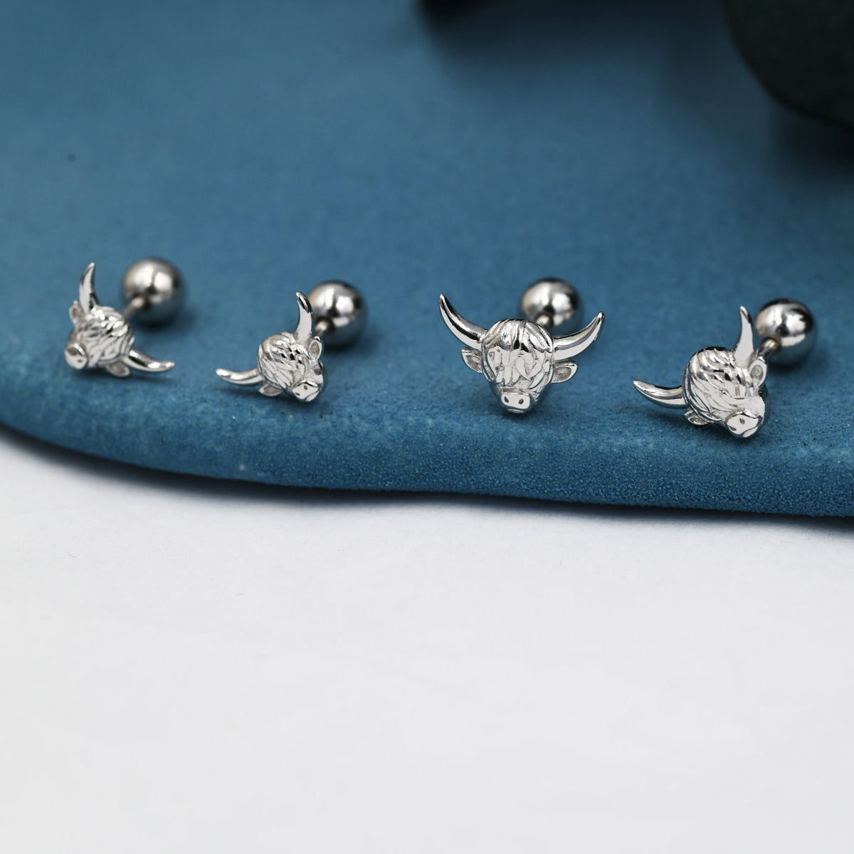 Tiny Highland Cow 18G Screw Back Earrings in Sterling Silver, Animal Earrings