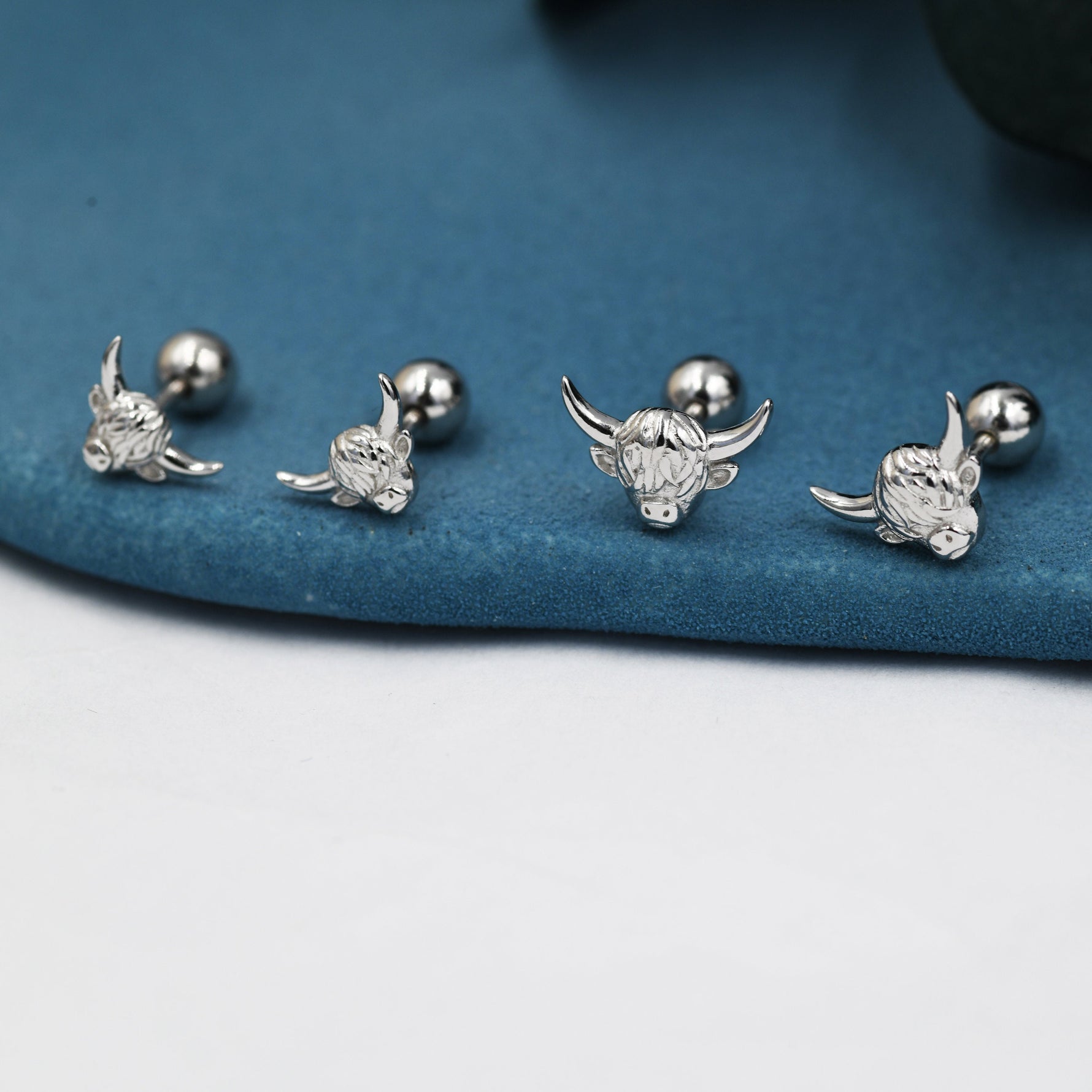 Tiny Highland Cow 18G Screw Back Earrings in Sterling Silver, Animal Earrings