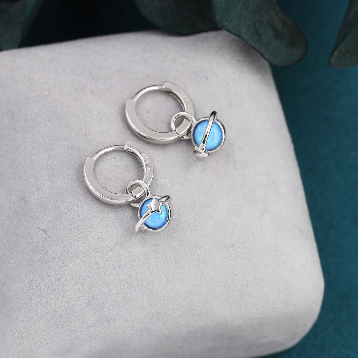 Blue Opal Planet and Star Huggie Hoop Earrings in Sterling Silver, Silver or Gold, Simulated Opal, Detachable Charms, Saturn Earrings