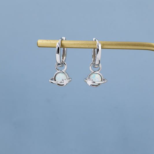 White Opal Planet and Star Huggie Hoop Earrings in Sterling Silver, Silver or Gold, Simulated Opal, Detachable Charms, Saturn Earrings