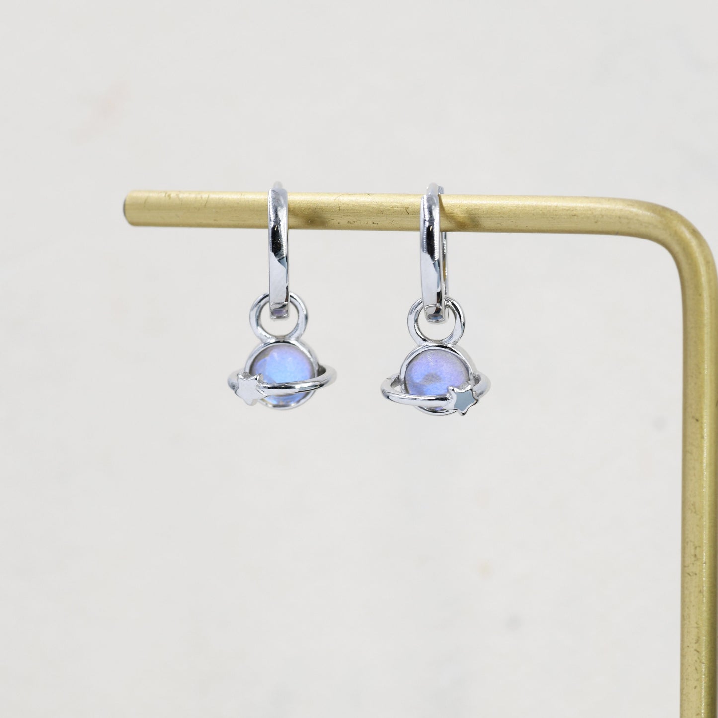 Moonstone Planet and Star Huggie Hoop Earrings in Sterling Silver, Simulated Moonstone, Detachable Charms, Saturn Earrings