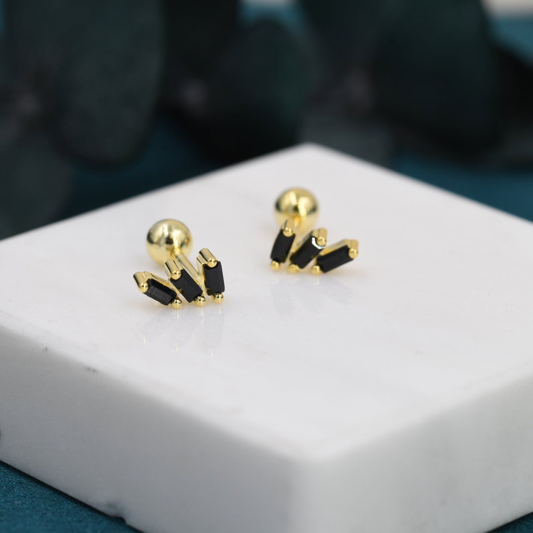 Triple Black Baguette CZ Screw back Earrings in Sterling Silver, Silver or Gold, Baguette Cluster Screwback Earrings