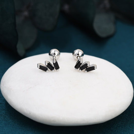 Triple Black Baguette CZ Screw back Earrings in Sterling Silver, Silver or Gold, Baguette Cluster Screwback Earrings