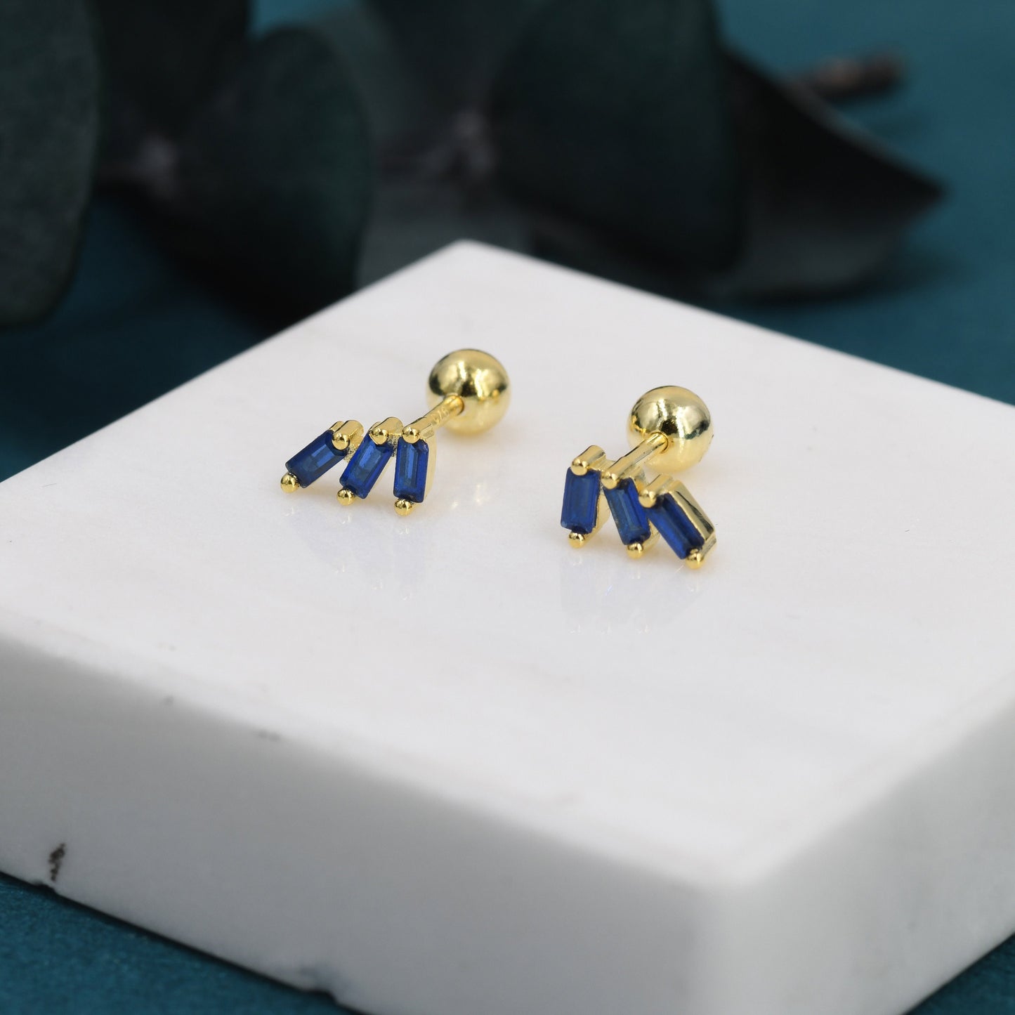 Sapphire Blue Baguette Trio CZ Screw back Earrings in Sterling Silver, Silver or Gold, Baguette Cluster Screwback Earrings