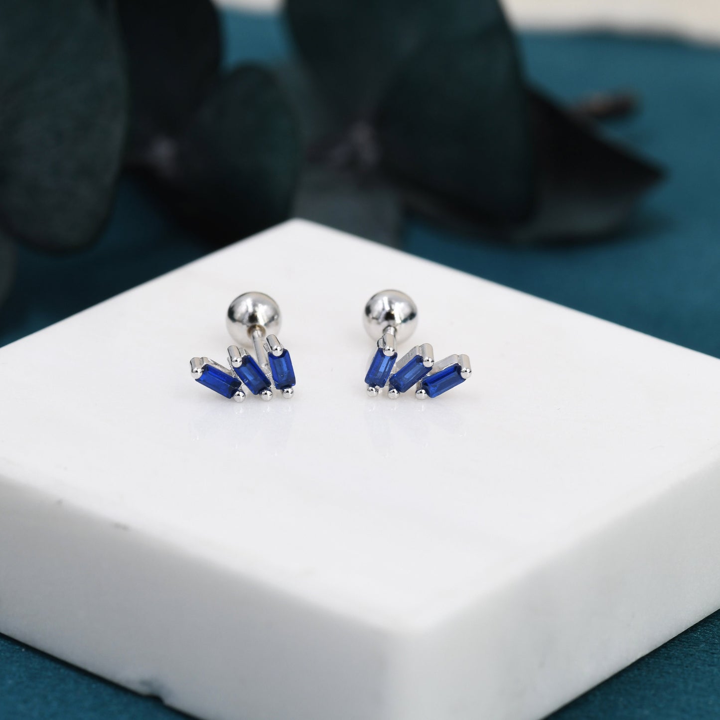 Sapphire Blue Baguette Trio CZ Screw back Earrings in Sterling Silver, Silver or Gold, Baguette Cluster Screwback Earrings