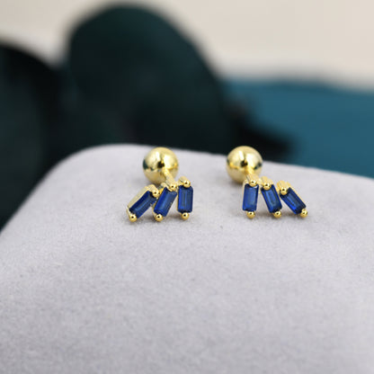 Sapphire Blue Baguette Trio CZ Screw back Earrings in Sterling Silver, Silver or Gold, Baguette Cluster Screwback Earrings