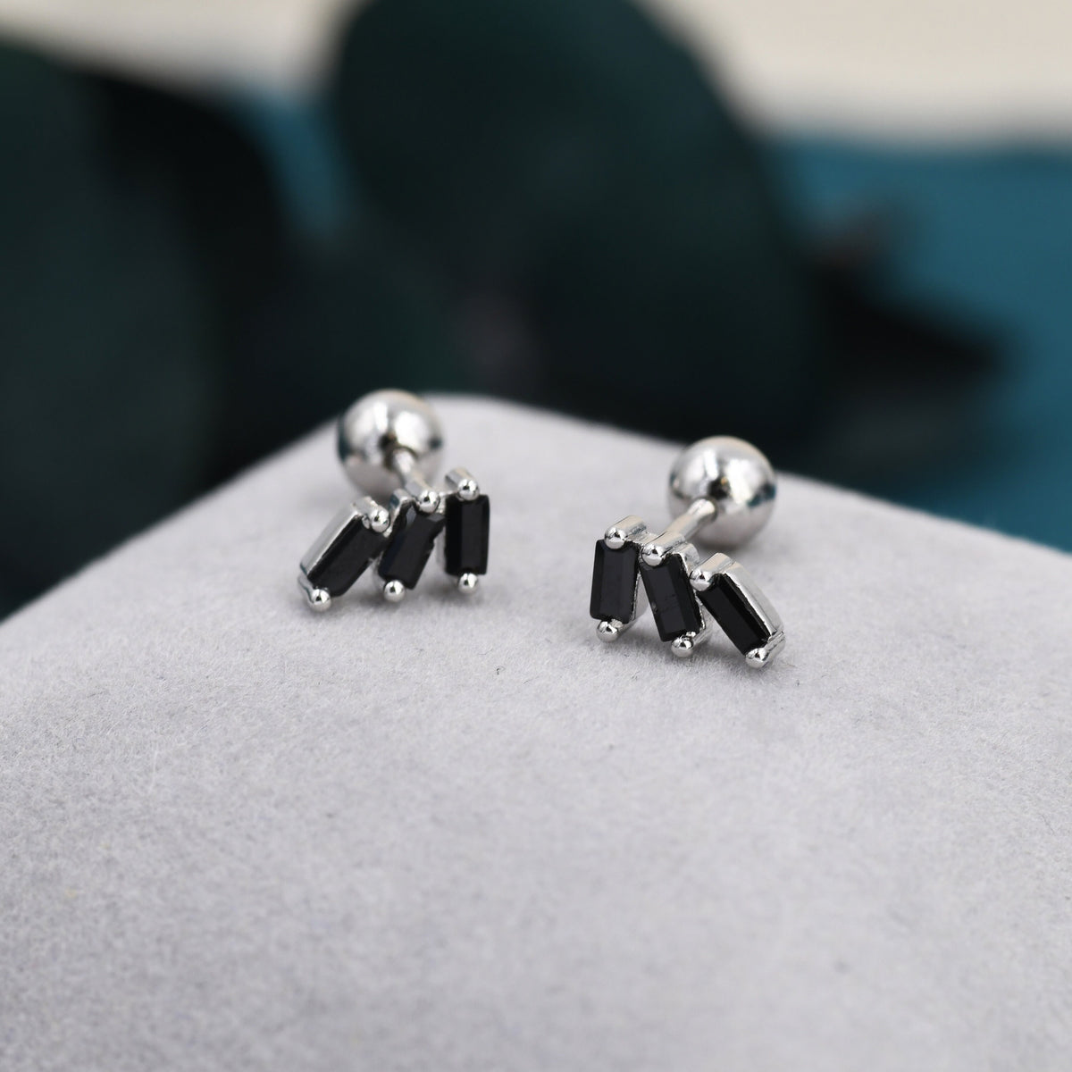 Triple Black Baguette CZ Screw back Earrings in Sterling Silver, Silver or Gold, Baguette Cluster Screwback Earrings