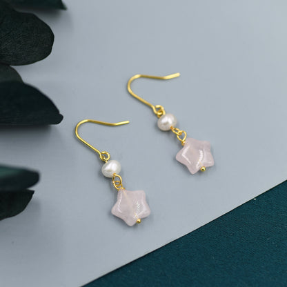 Genuine Rose Quartz Star and Pearl Drop Earrings in Sterling Silver, Natural Pink Quartz and Freshwater Pearl Drop Hook Earrings, Star