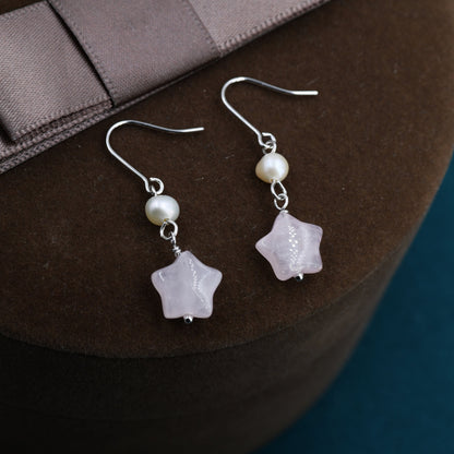 Genuine Rose Quartz Star and Pearl Drop Earrings in Sterling Silver, Natural Pink Quartz and Freshwater Pearl Drop Hook Earrings, Star