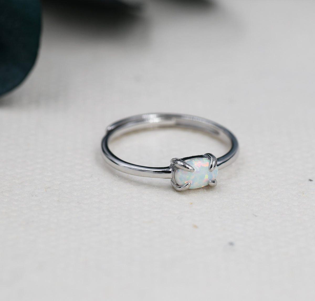 Clawed Fire Opal Oval Ring in Sterling Silver, Adjustable Size Opal Ring, Prong Set, Lab Opal Stone Ring, Opal Ring, Delicate Stacking Ring