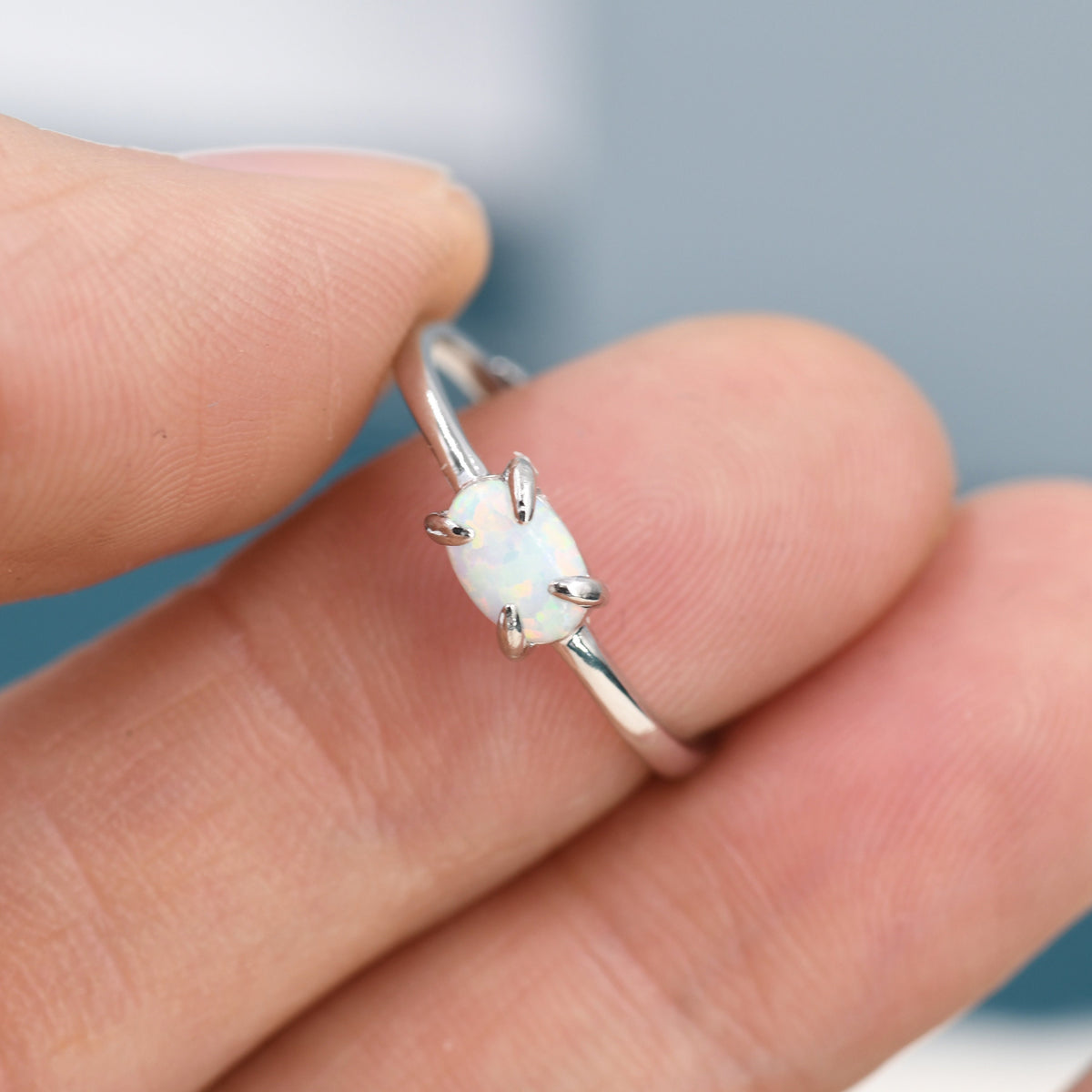 Clawed Fire Opal Oval Ring in Sterling Silver, Adjustable Size Opal Ring, Prong Set, Lab Opal Stone Ring, Opal Ring, Delicate Stacking Ring