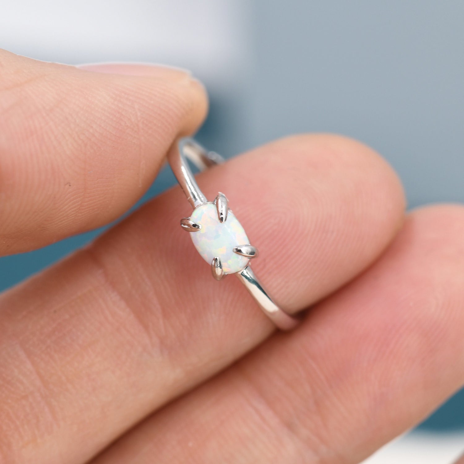Clawed Fire Opal Oval Ring in Sterling Silver, Adjustable Size Opal Ring, Prong Set, Lab Opal Stone Ring, Opal Ring, Delicate Stacking Ring