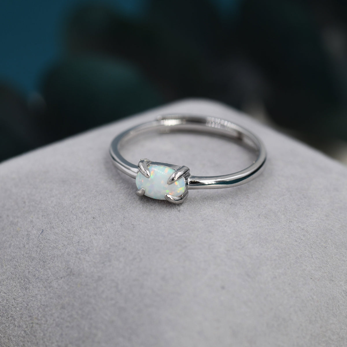 Clawed Fire Opal Oval Ring in Sterling Silver, Adjustable Size Opal Ring, Prong Set, Lab Opal Stone Ring, Opal Ring, Delicate Stacking Ring